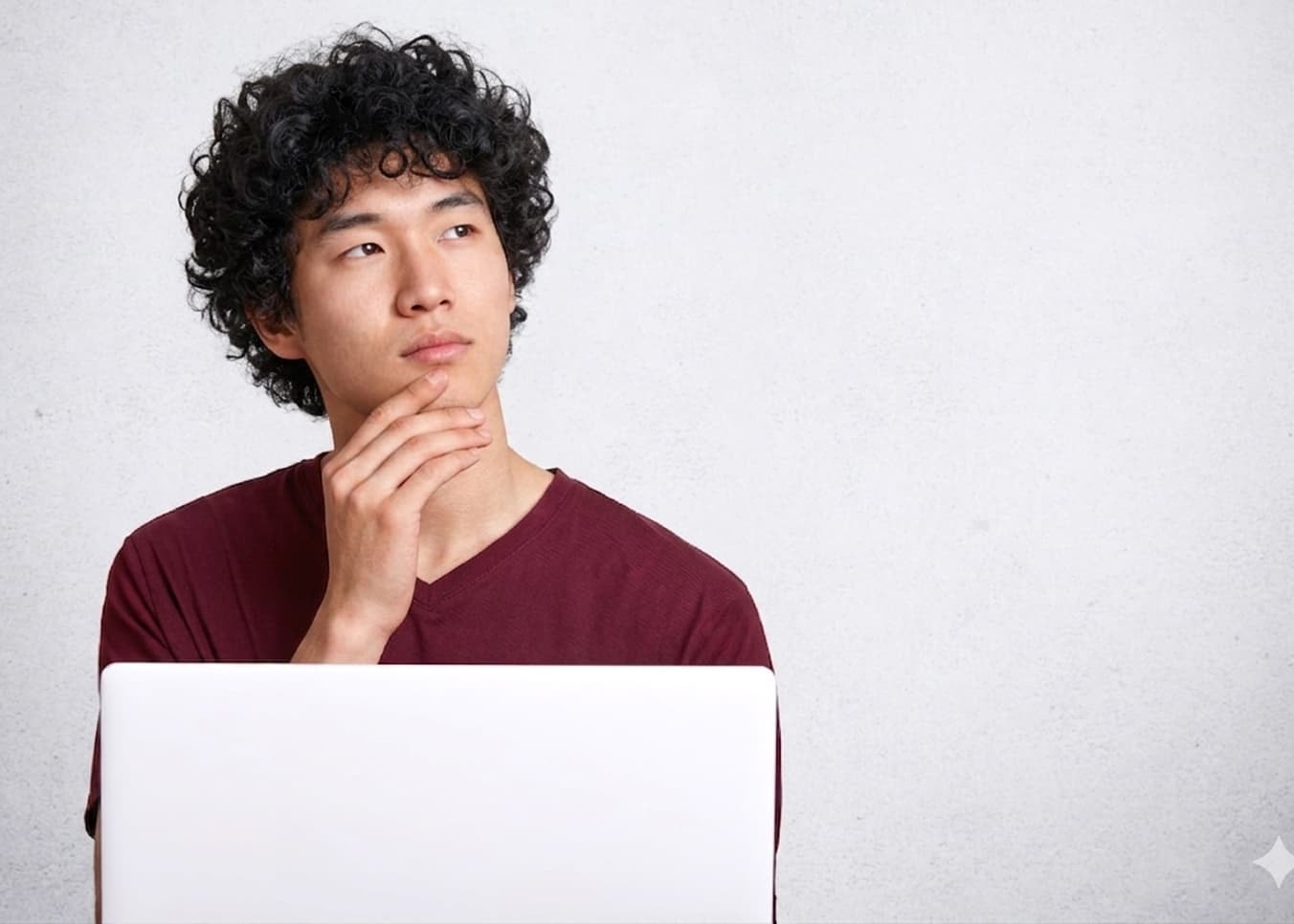Team member thinking while working on a laptop